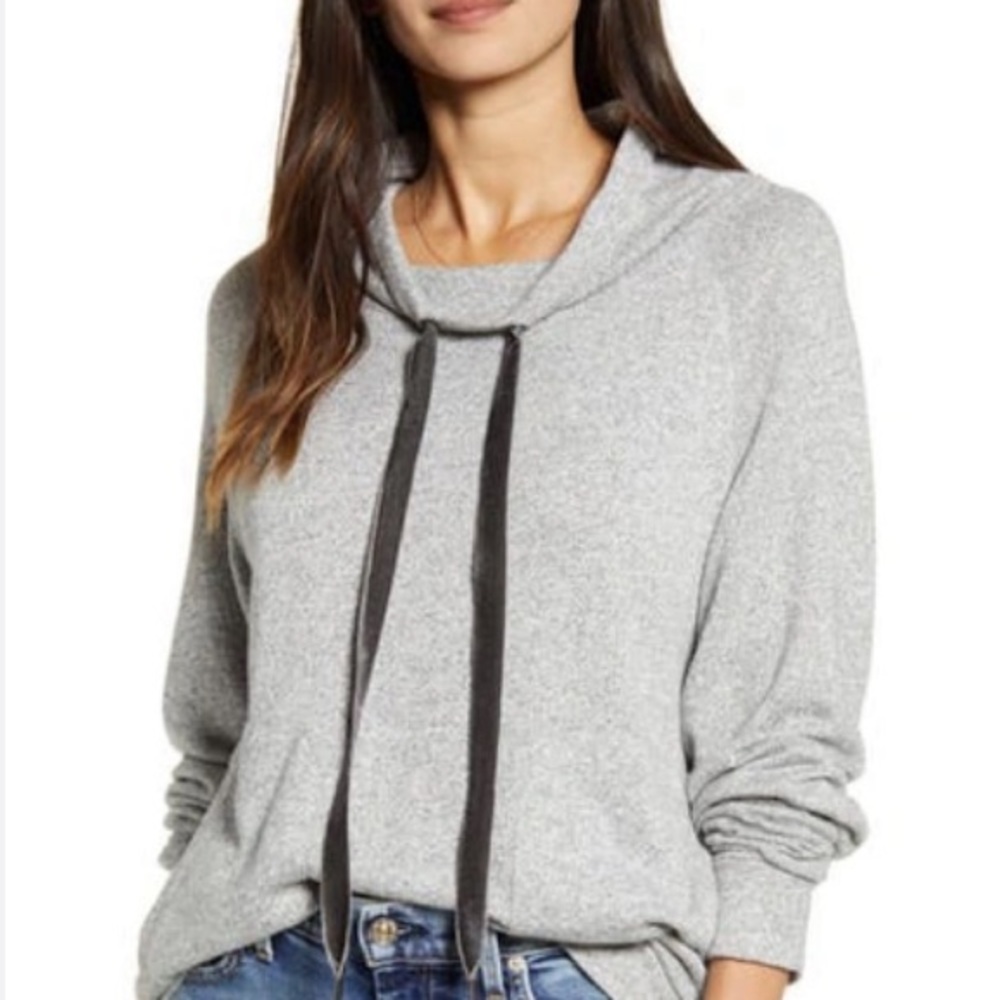 Rails Faith Tie Cowl Neck Sweater In Melange Grey Oversized XS Front Pockets